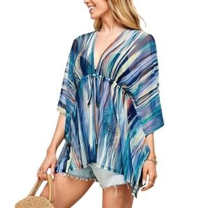 Blue Multicolor Sheer Mesh Cinched Waist V-Neck Oversize Cover-Up Plus 1X/2X NWT